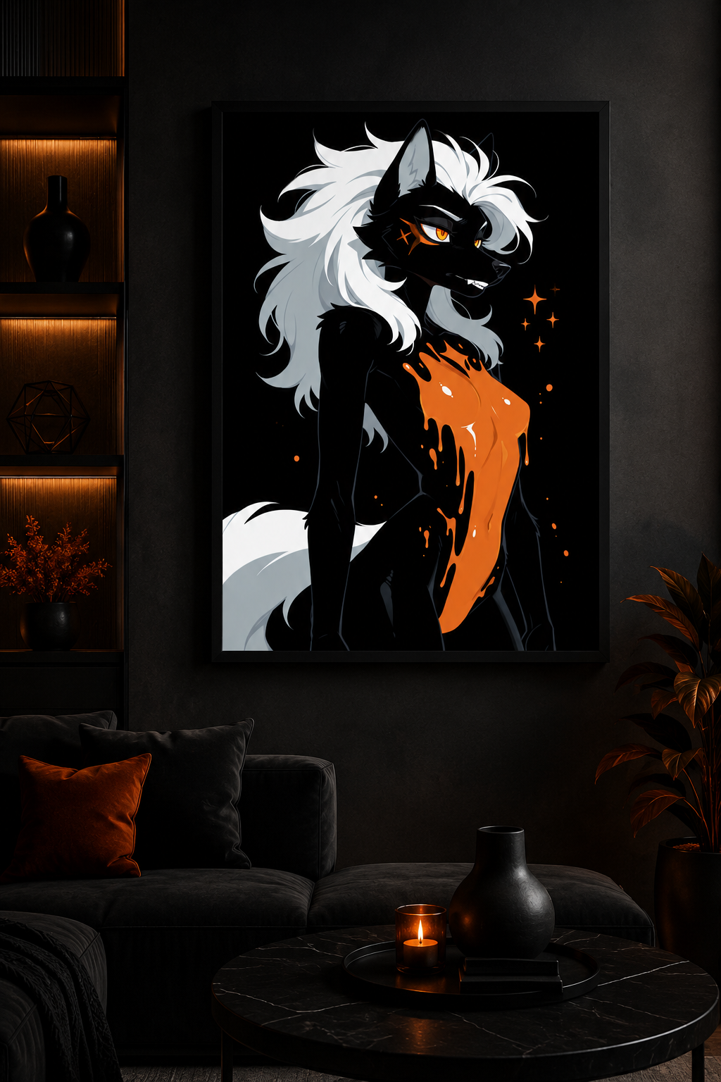 Poster dark fantasy Ambre, louve anthropomorphe noire, croc visible, croix orange griffée sous l'œil, ambre coulant