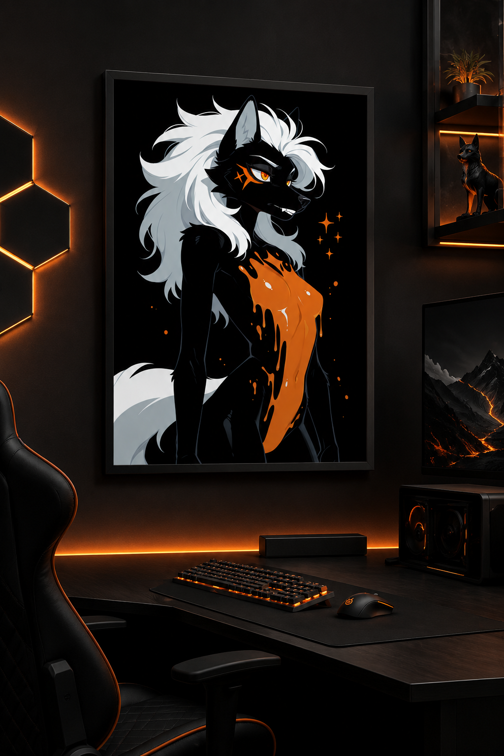 Poster dark fantasy Ambre, louve anthropomorphe noire, croc visible, croix orange griffée sous l'œil, ambre coulant