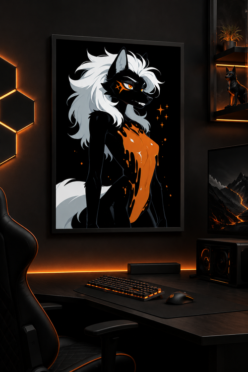 Poster dark fantasy Ambre, louve anthropomorphe noire, croc visible, croix orange griffée sous l'œil, ambre coulant
