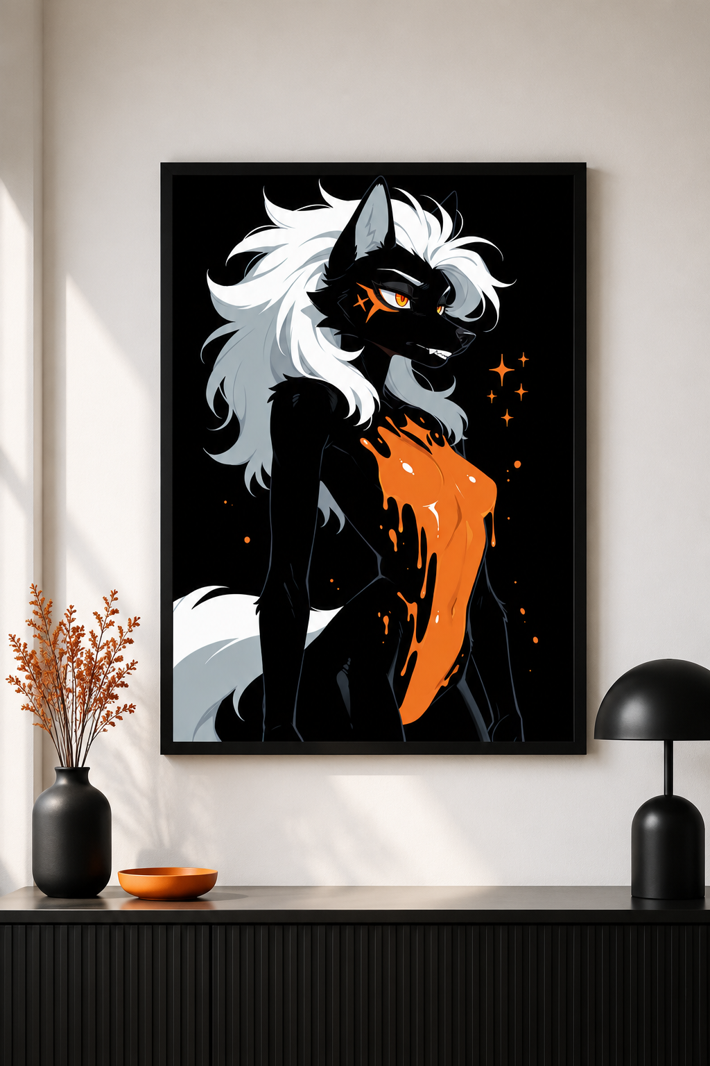Poster dark fantasy Ambre, louve anthropomorphe noire, croc visible, croix orange griffée sous l'œil, ambre coulant