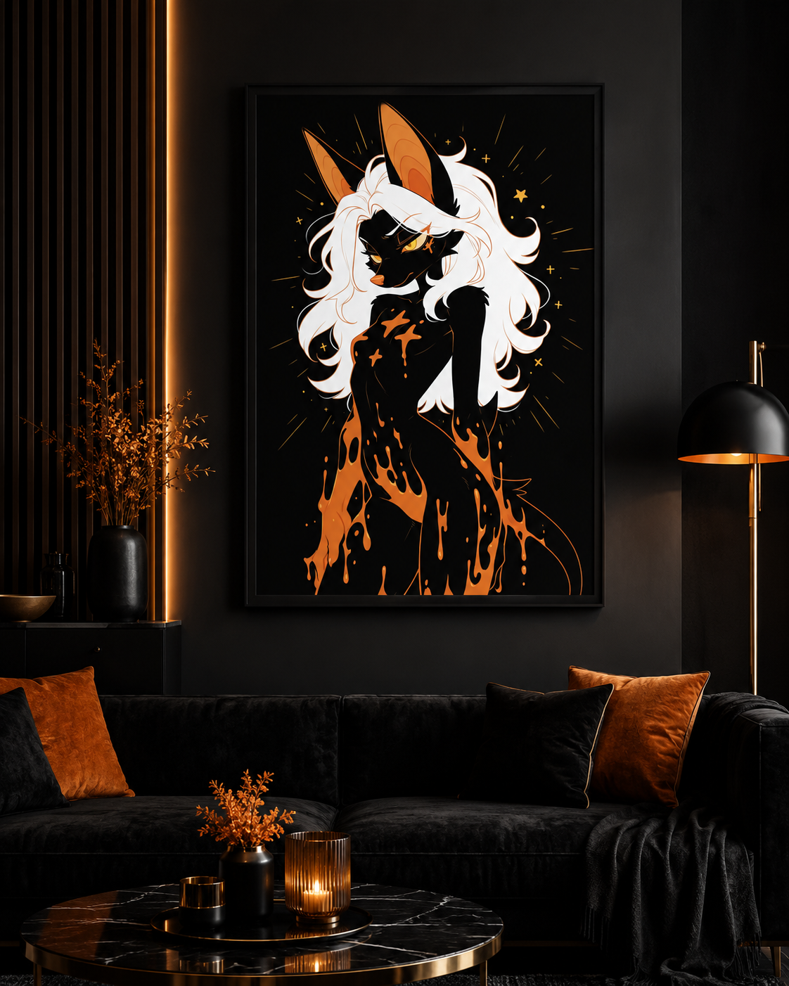 Poster dark fantasy Vespera, chauve-souris anthropomorphe noire, braise coulant lentement des épaules aux hanches
