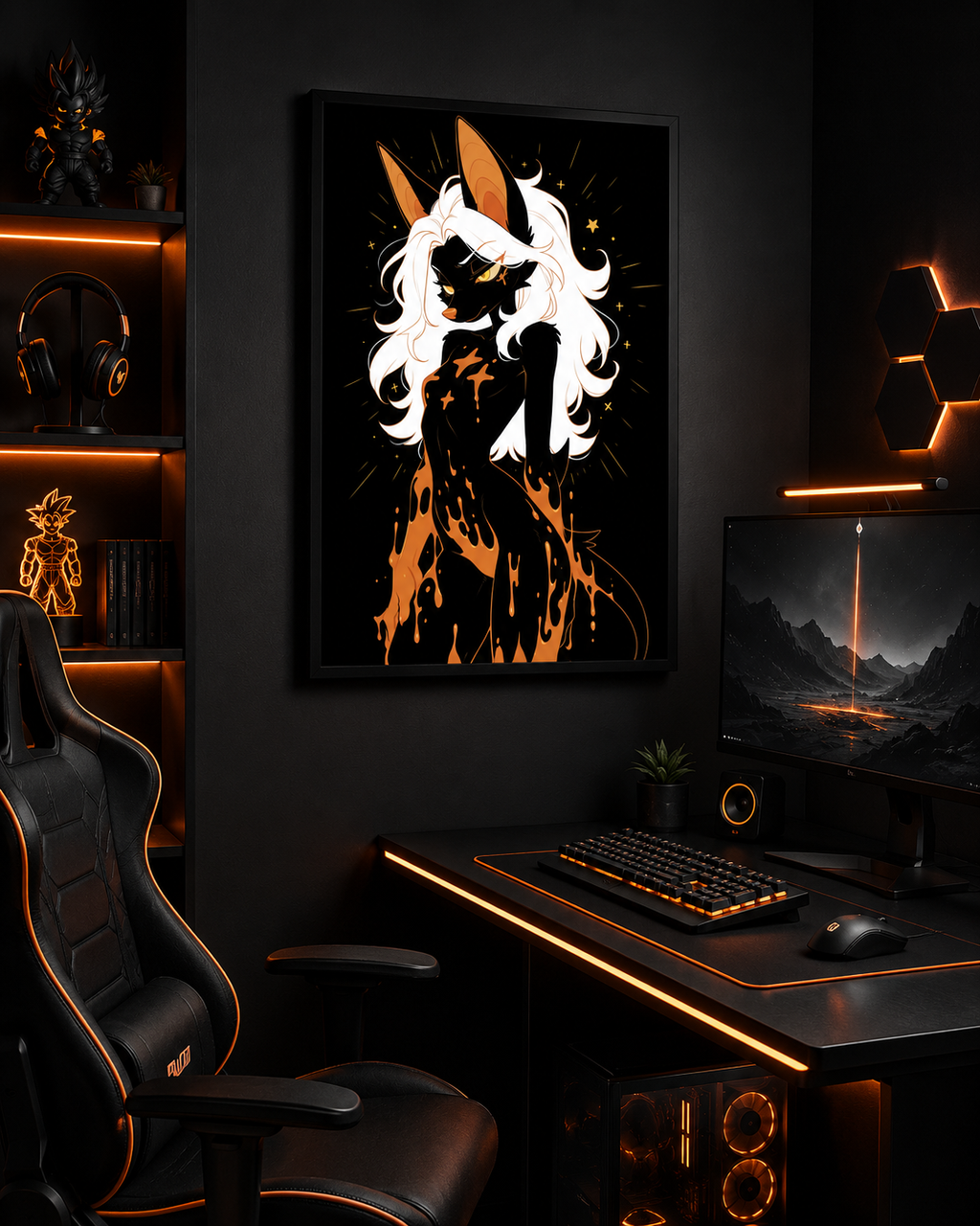 Poster dark fantasy Vespera, chauve-souris anthropomorphe noire, braise coulant lentement des épaules aux hanches