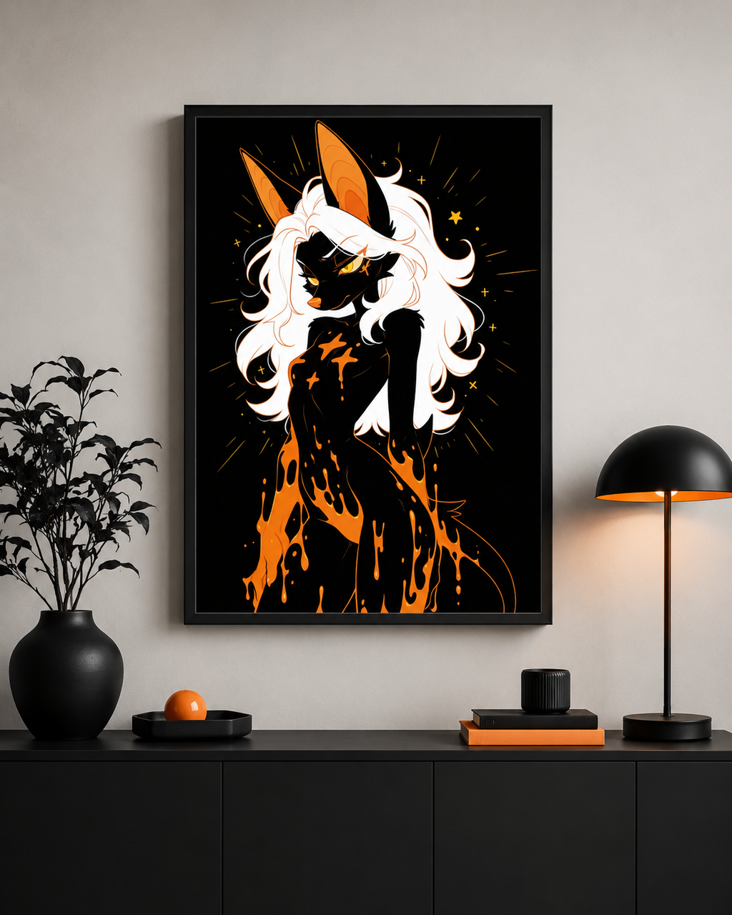 Poster dark fantasy Vespera, chauve-souris anthropomorphe noire, braise coulant lentement des épaules aux hanches