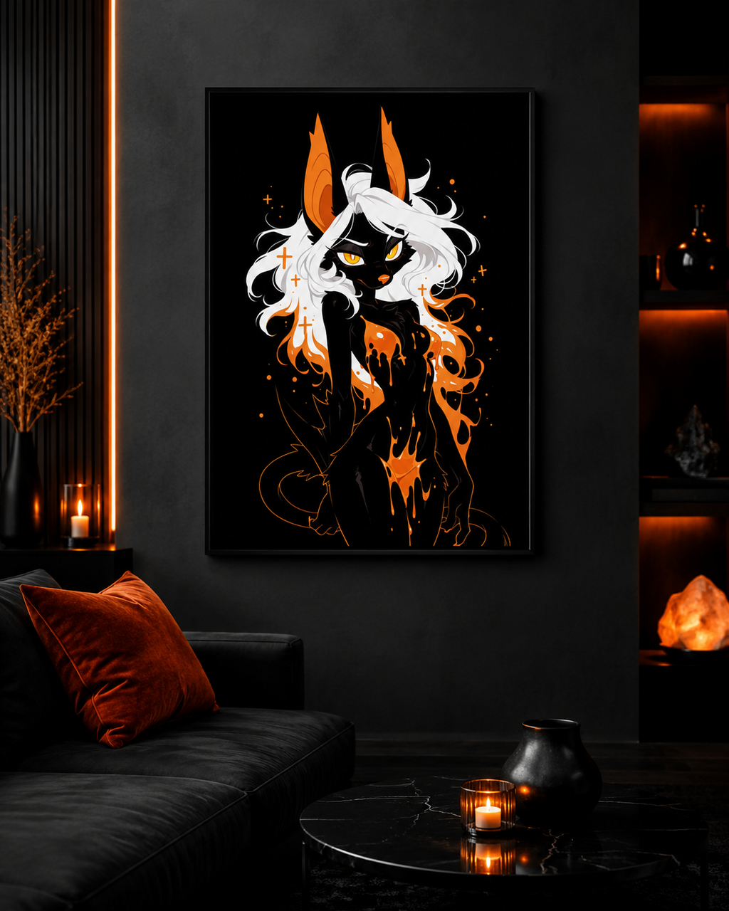 Poster dark fantasy Vespera, chauve-souris anthropomorphe noire, regard frontal, petites croix orange dans la crinière