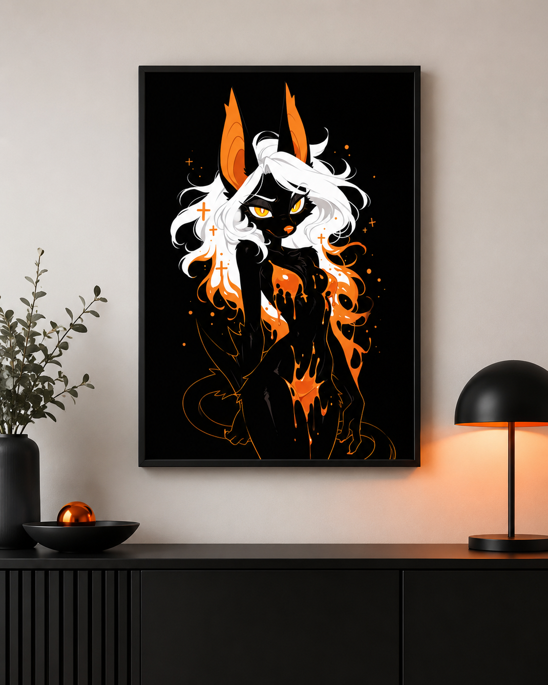Poster dark fantasy Vespera, chauve-souris anthropomorphe noire, regard frontal, petites croix orange dans la crinière