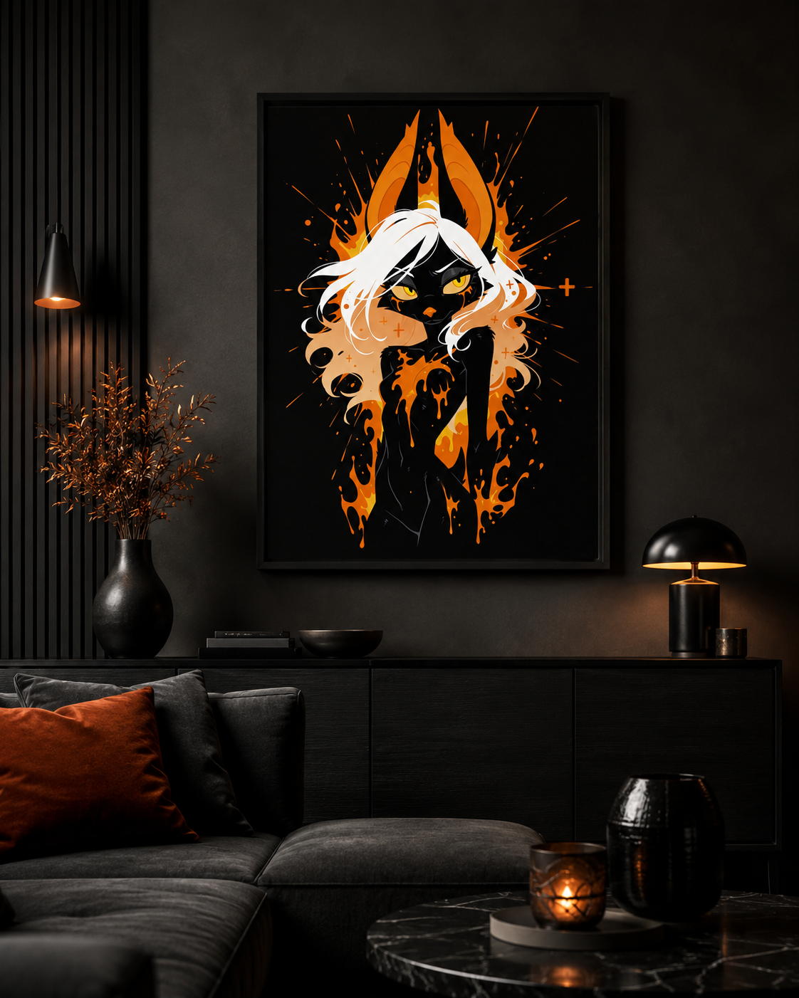 Poster dark fantasy Vespera, chauve-souris anthropomorphe noire au centre d'une explosion de braises orange