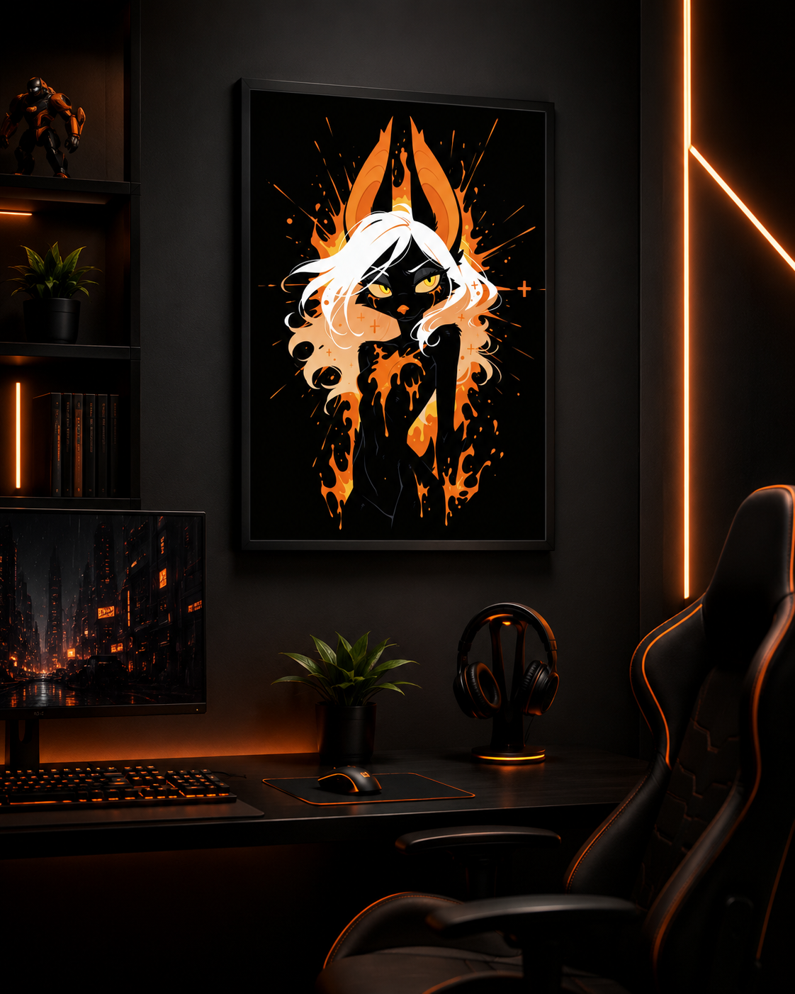 Poster dark fantasy Vespera, chauve-souris anthropomorphe noire au centre d'une explosion de braises orange