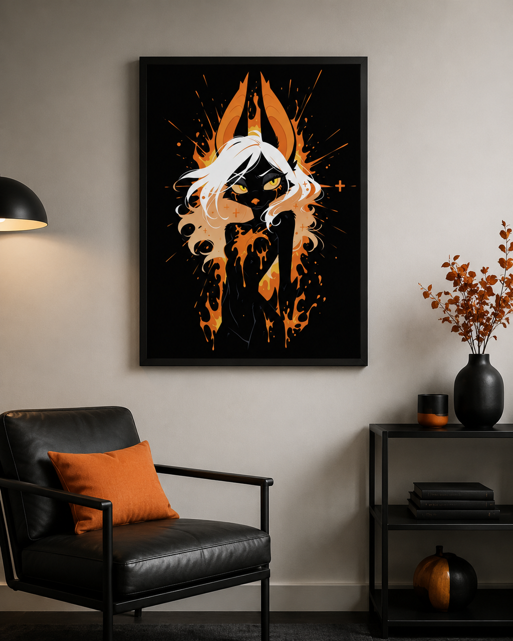Poster dark fantasy Vespera, chauve-souris anthropomorphe noire au centre d'une explosion de braises orange