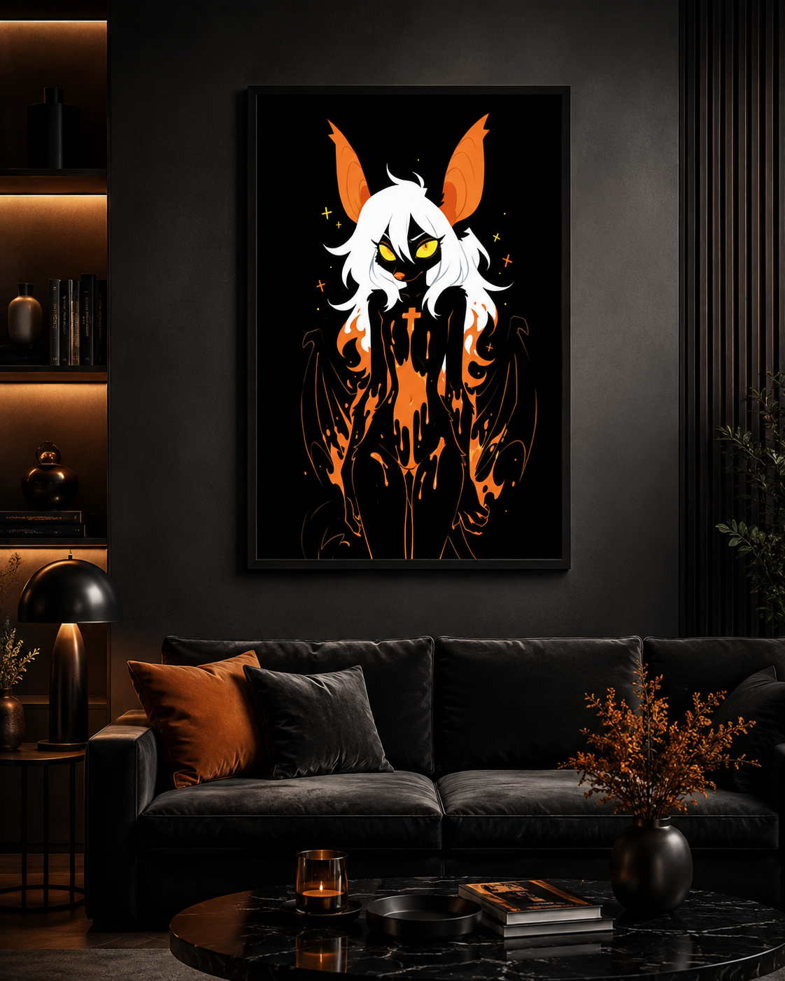 Poster dark fantasy Vespera, chauve-souris anthropomorphe noire, ailes membraneuses ouvertes, croix de braise sur le torse
