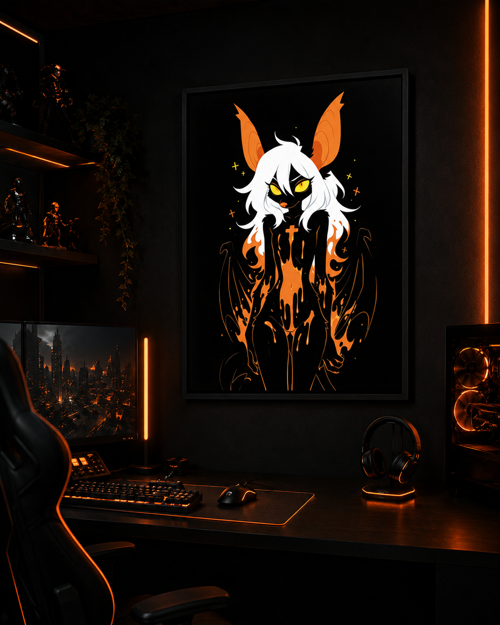 Poster dark fantasy Vespera, chauve-souris anthropomorphe noire, ailes membraneuses ouvertes, croix de braise sur le torse