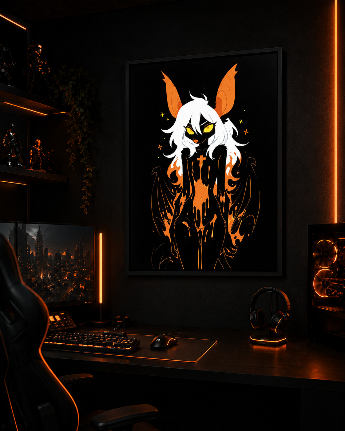 Poster dark fantasy Vespera, chauve-souris anthropomorphe noire, ailes membraneuses ouvertes, croix de braise sur le torse