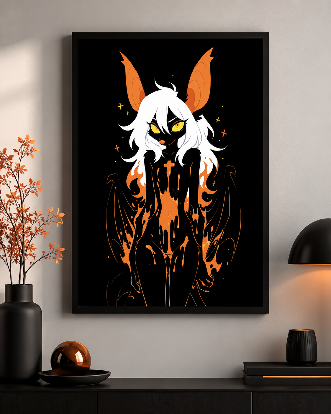 Poster dark fantasy Vespera, chauve-souris anthropomorphe noire, ailes membraneuses ouvertes, croix de braise sur le torse
