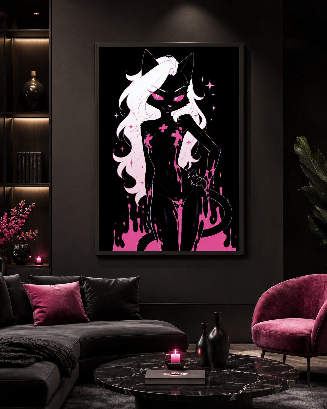 Poster dark fantasy Belladone, chatte anthropomorphe noire, main sur la hanche, trois croix roses sur la poitrine