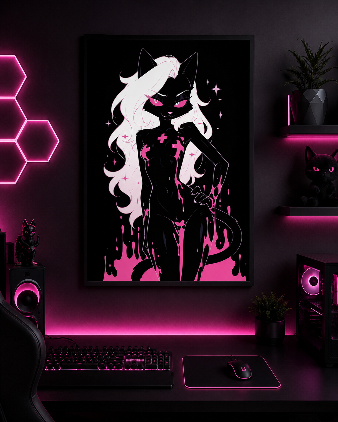 Poster dark fantasy Belladone, chatte anthropomorphe noire, main sur la hanche, trois croix roses sur la poitrine