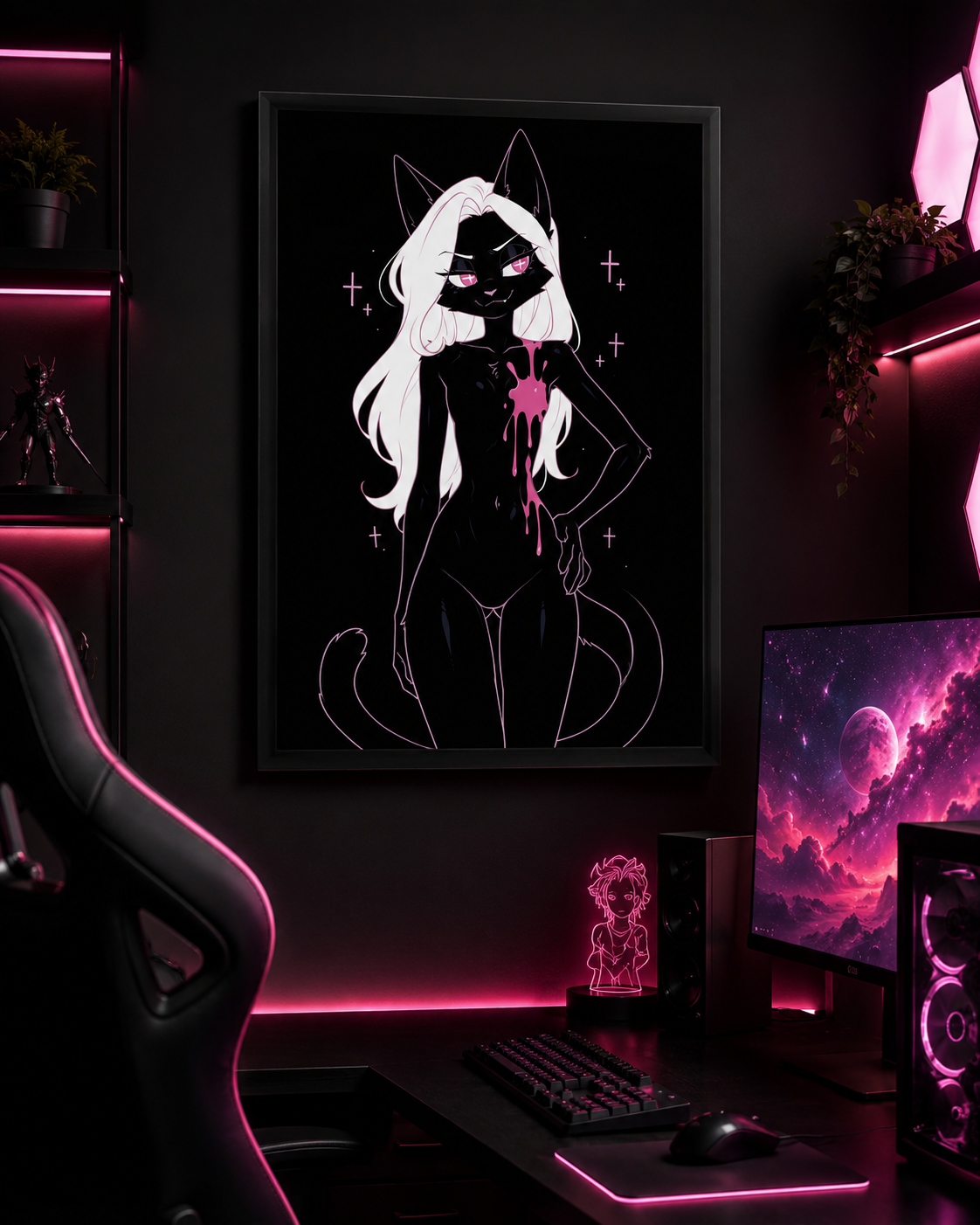 Poster dark fantasy Belladone, chatte anthropomorphe noire, pupilles en forme de croix rose, sourire en coin