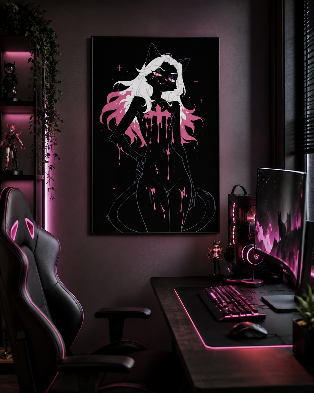 Poster dark fantasy Belladone, chatte anthropomorphe noire, pluie de poison rose, mèches roses dans la crinière