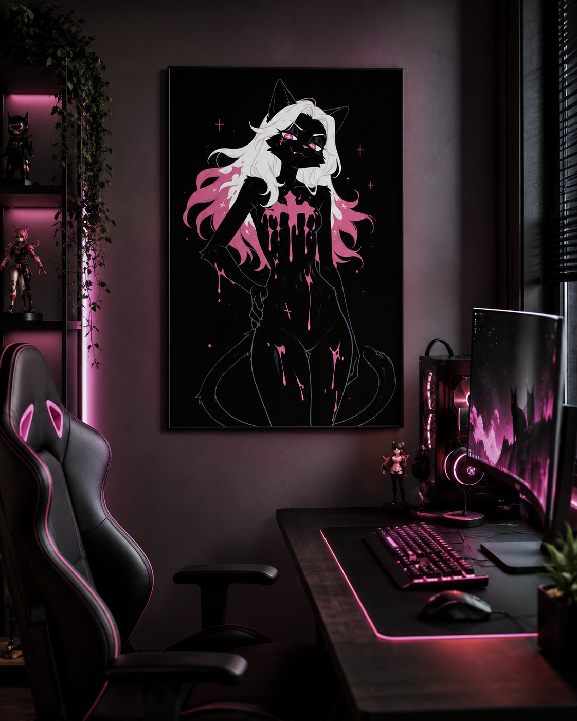 Poster dark fantasy Belladone, chatte anthropomorphe noire, pluie de poison rose, mèches roses dans la crinière