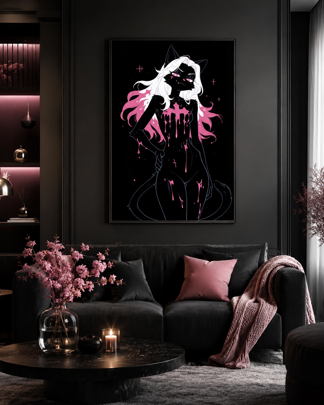 Poster dark fantasy Belladone, chatte anthropomorphe noire, pluie de poison rose, mèches roses dans la crinière