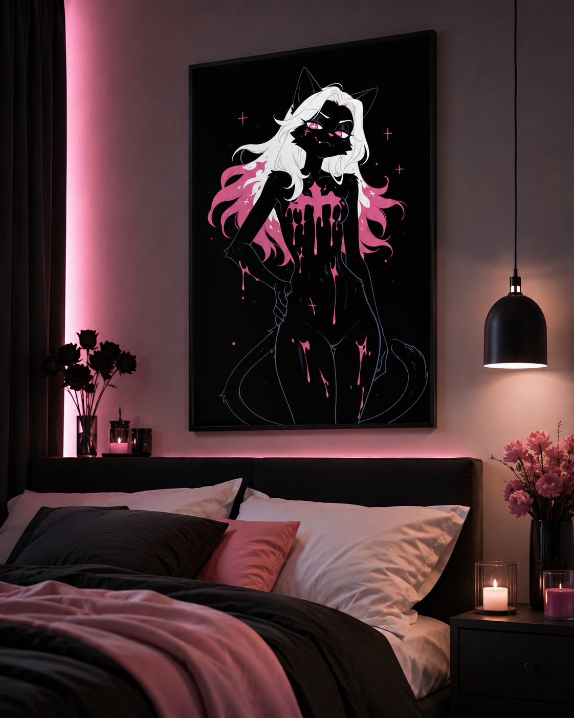 Poster dark fantasy Belladone, chatte anthropomorphe noire, pluie de poison rose, mèches roses dans la crinière