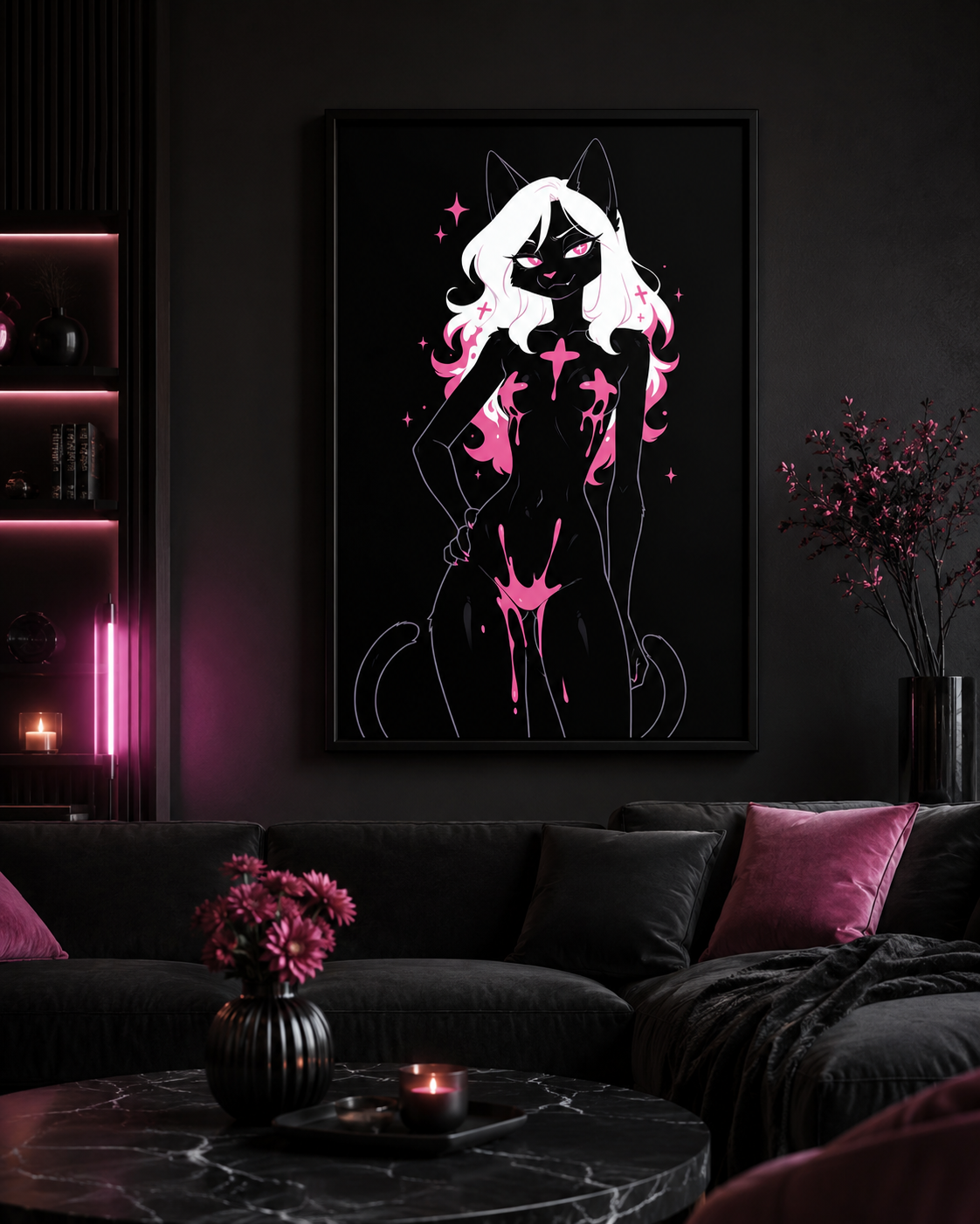 Poster dark fantasy Belladone, chatte anthropomorphe noire, petite croix sur la joue, poison rose aux hanches