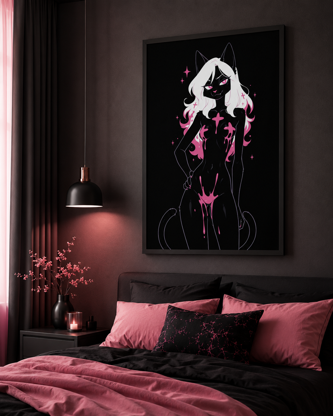Poster dark fantasy Belladone, chatte anthropomorphe noire, petite croix sur la joue, poison rose aux hanches