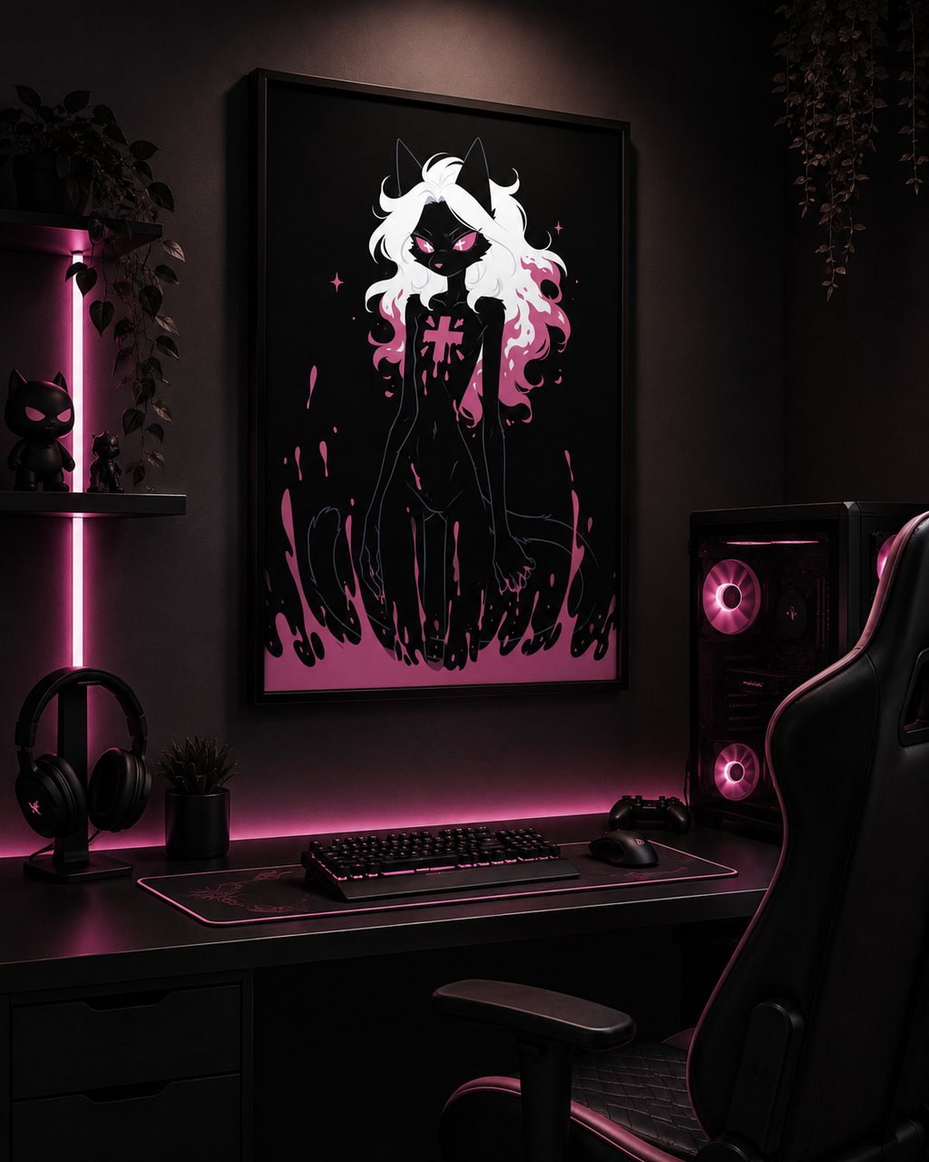 Poster dark fantasy Belladone, chatte anthropomorphe noire agenouillée, marée de poison rose montant sur les jambes