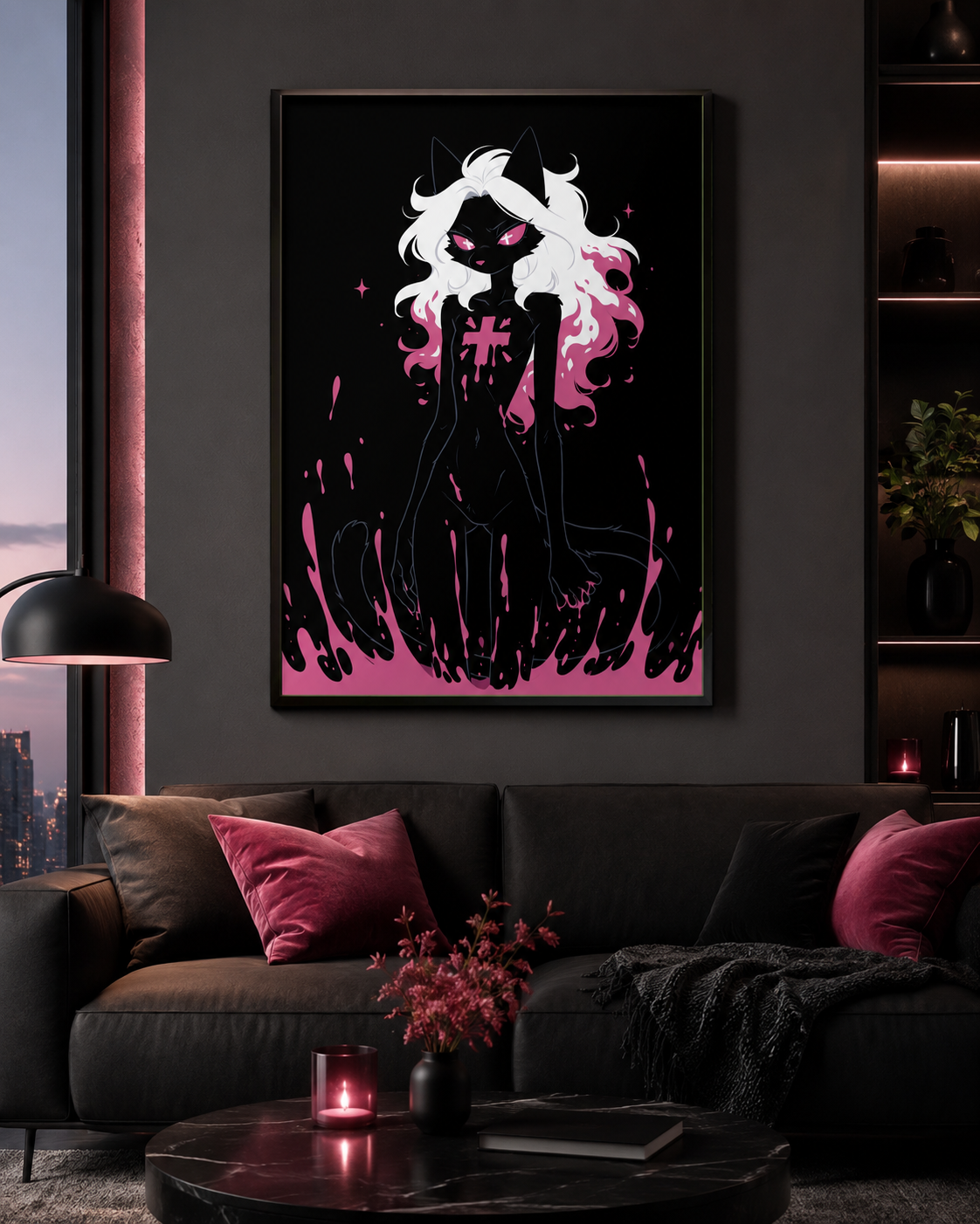 Poster dark fantasy Belladone, chatte anthropomorphe noire agenouillée, marée de poison rose montant sur les jambes
