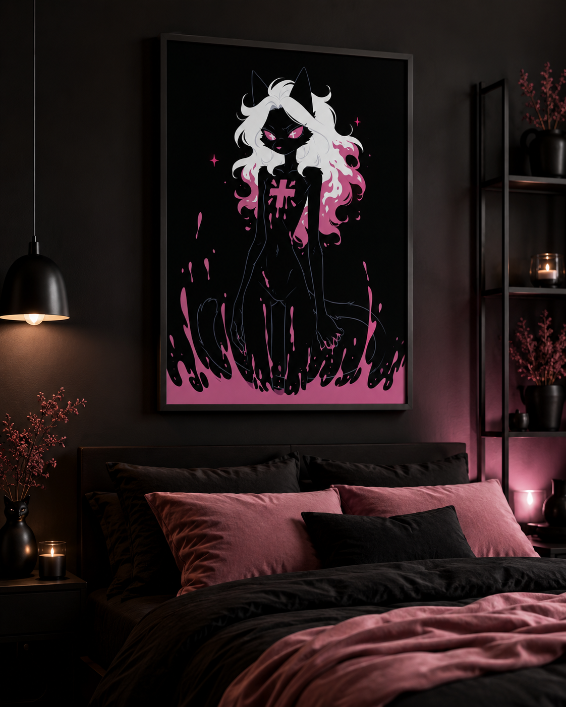 Poster dark fantasy Belladone, chatte anthropomorphe noire agenouillée, marée de poison rose montant sur les jambes
