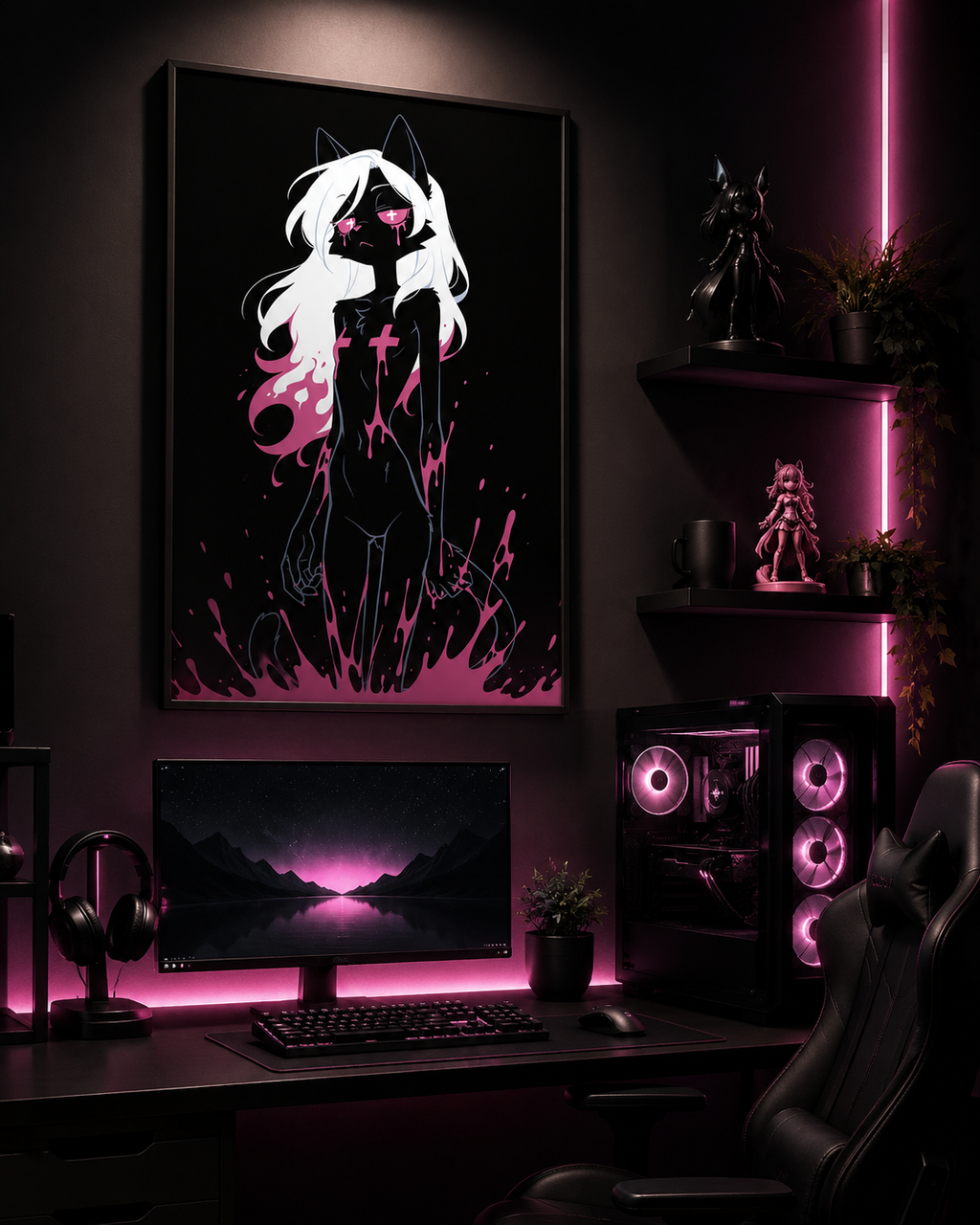Poster dark fantasy Belladone, chatte anthropomorphe noire, larmes de poison rose, bras pendants, croix verticales