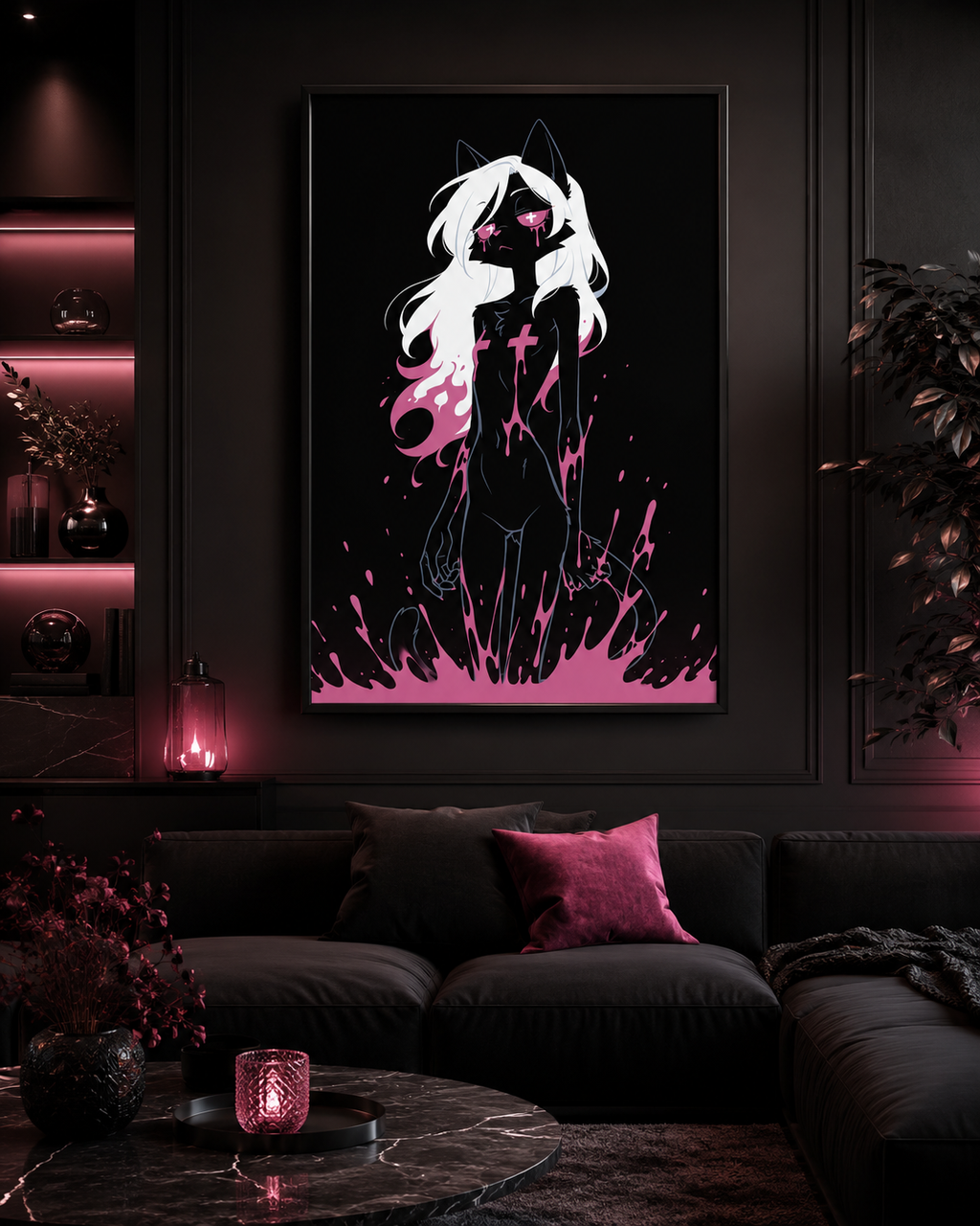 Poster dark fantasy Belladone, chatte anthropomorphe noire, larmes de poison rose, bras pendants, croix verticales