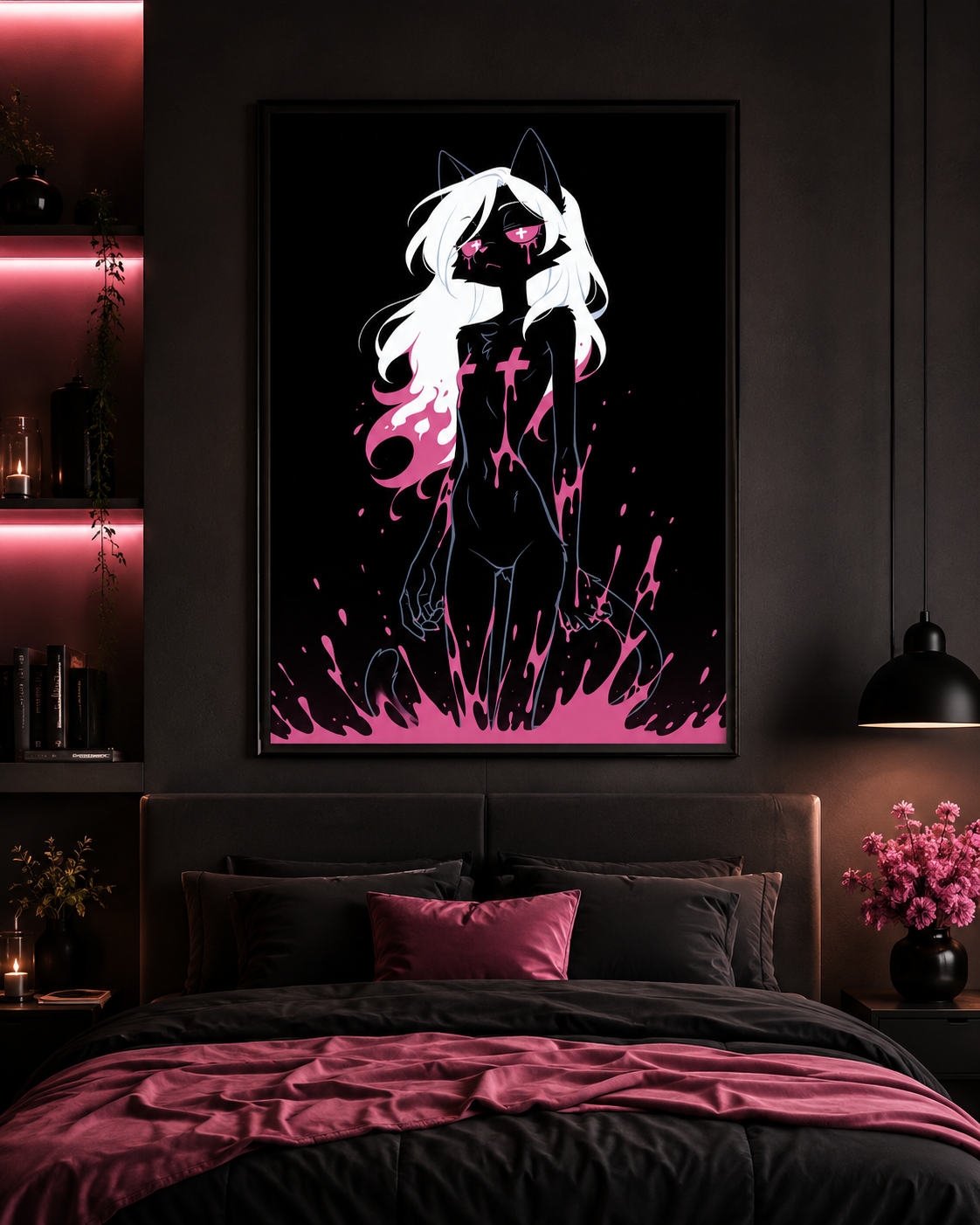 Poster dark fantasy Belladone, chatte anthropomorphe noire, larmes de poison rose, bras pendants, croix verticales