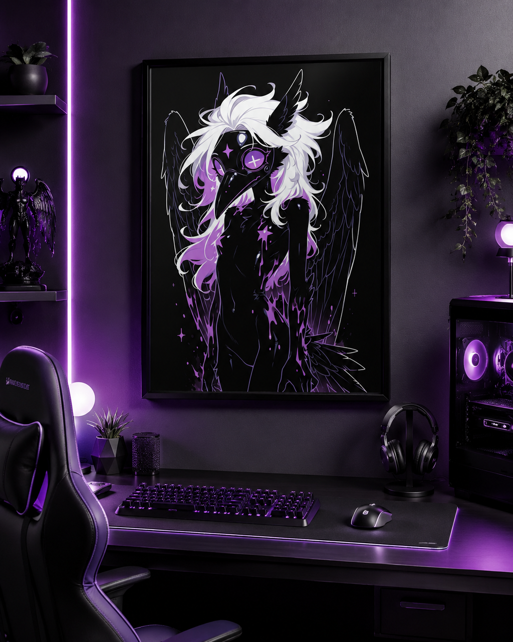 Poster dark fantasy Sibylle, corbeau anthropomorphe noir, ailes largement déployées, masque à bec, œil violet
