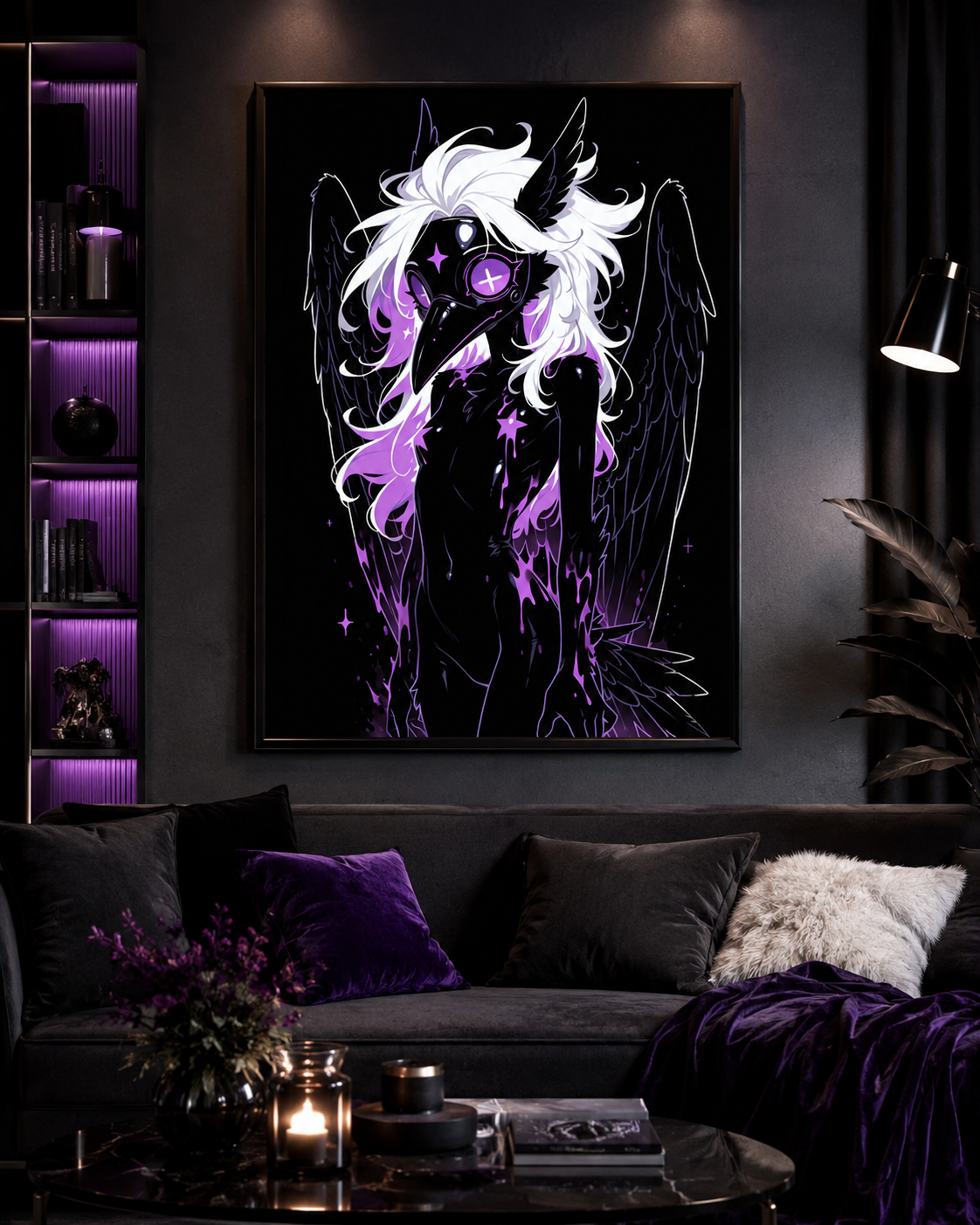 Poster dark fantasy Sibylle, corbeau anthropomorphe noir, ailes largement déployées, masque à bec, œil violet