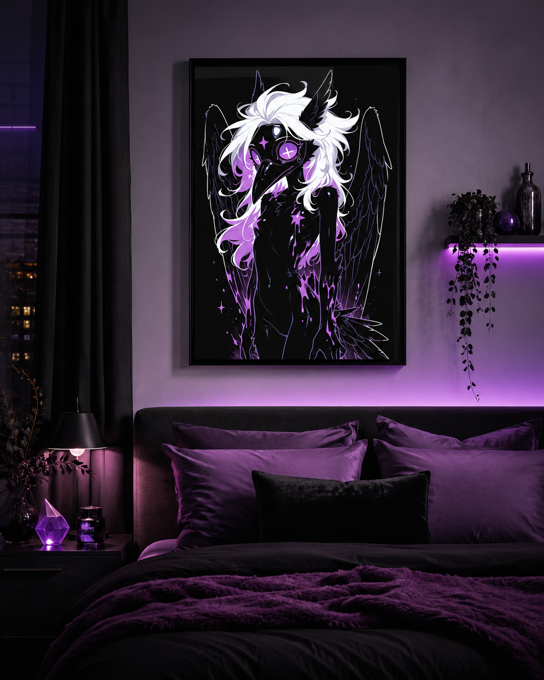 Poster dark fantasy Sibylle, corbeau anthropomorphe noir, ailes largement déployées, masque à bec, œil violet