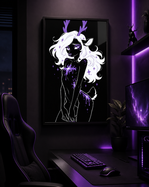 Poster dark fantasy Améthia, biche anthropomorphe noire, bois ruisselants de poison violet, éclaboussure étoilée