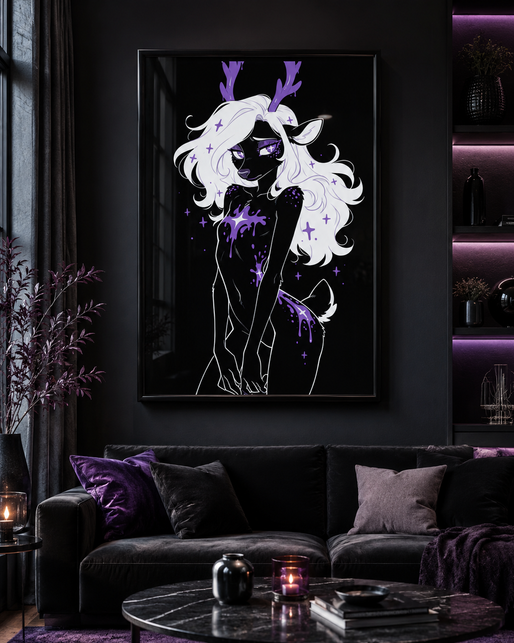 Poster dark fantasy Améthia, biche anthropomorphe noire, bois ruisselants de poison violet, éclaboussure étoilée