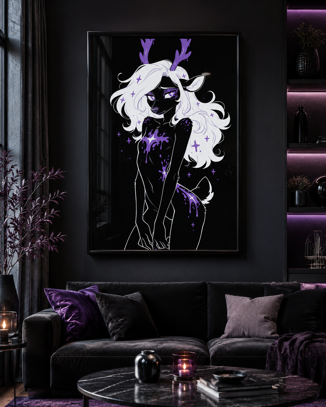 Poster dark fantasy Améthia, biche anthropomorphe noire, bois ruisselants de poison violet, éclaboussure étoilée