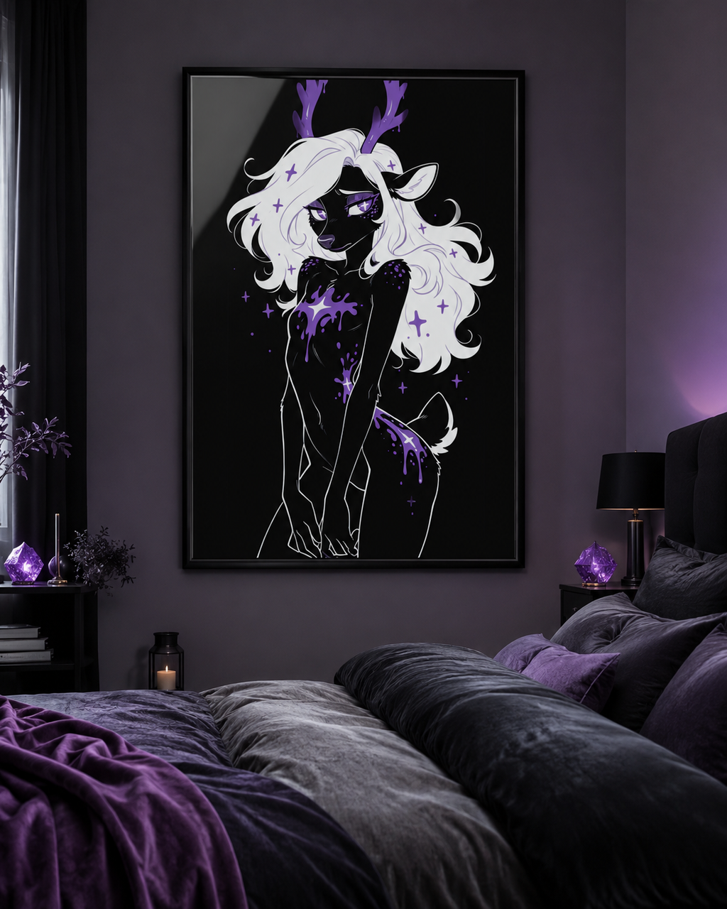 Poster dark fantasy Améthia, biche anthropomorphe noire, bois ruisselants de poison violet, éclaboussure étoilée