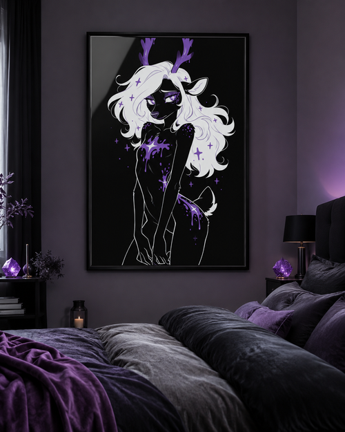 Poster dark fantasy Améthia, biche anthropomorphe noire, bois ruisselants de poison violet, éclaboussure étoilée
