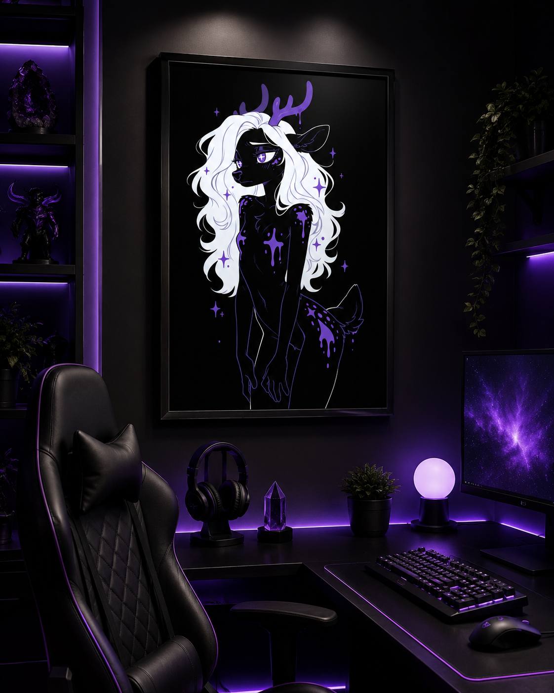 Poster dark fantasy Améthia, biche anthropomorphe noire de profil, taches de faon violettes sur la hanche