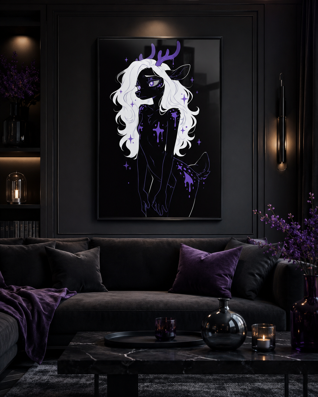 Poster dark fantasy Améthia, biche anthropomorphe noire de profil, taches de faon violettes sur la hanche