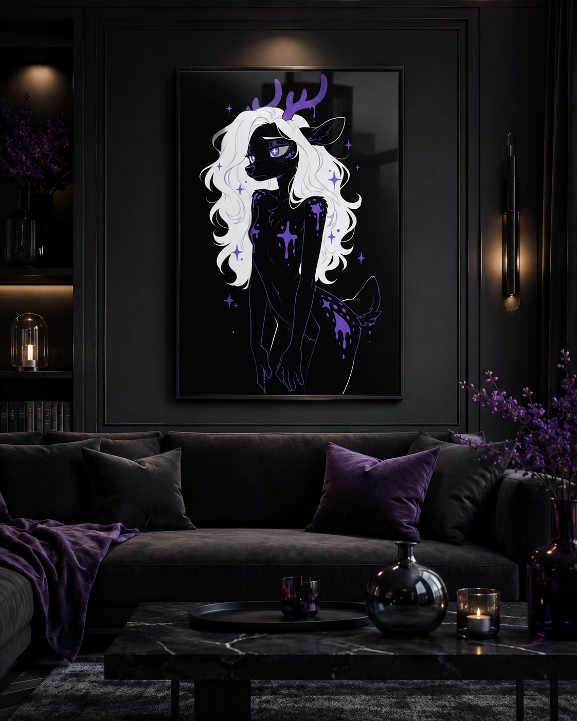 Poster dark fantasy Améthia, biche anthropomorphe noire de profil, taches de faon violettes sur la hanche