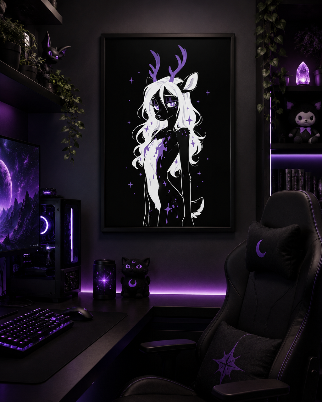 Poster dark fantasy Améthia, biche anthropomorphe noire, mèche de fourrure blanche tachée de poison violet