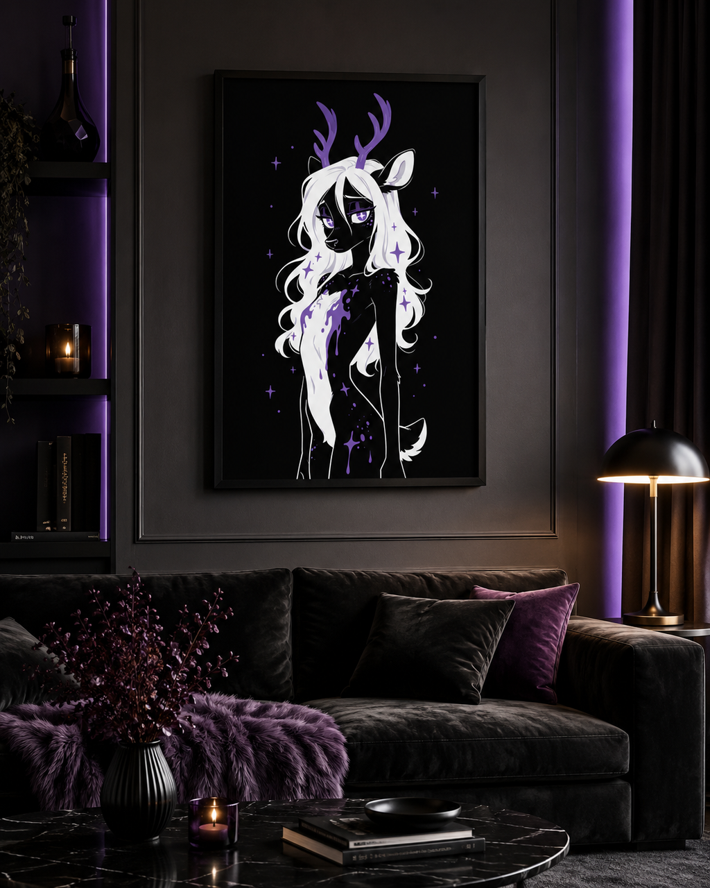 Poster dark fantasy Améthia, biche anthropomorphe noire, mèche de fourrure blanche tachée de poison violet