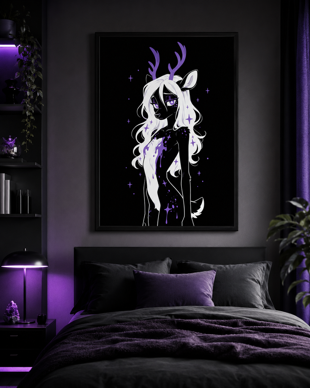 Poster dark fantasy Améthia, biche anthropomorphe noire, mèche de fourrure blanche tachée de poison violet