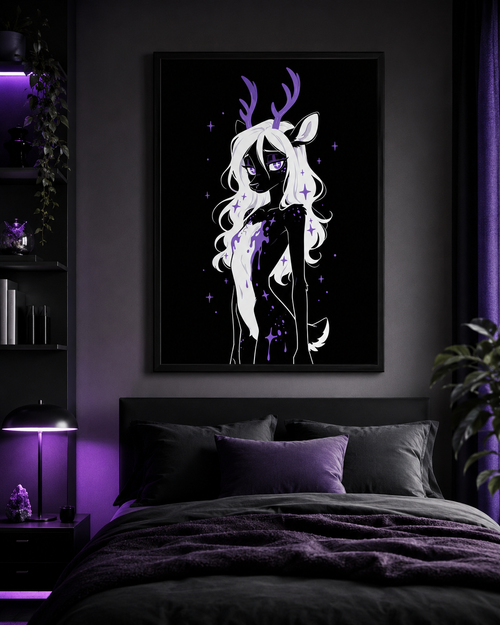 Poster dark fantasy Améthia, biche anthropomorphe noire, mèche de fourrure blanche tachée de poison violet
