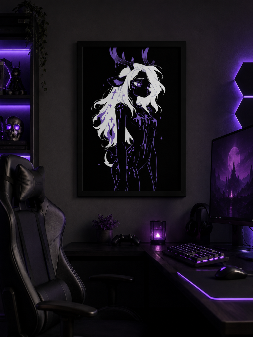 Poster dark fantasy Améthia, biche anthropomorphe noire, pupille en forme d'étoile, torse recouvert de poison violet