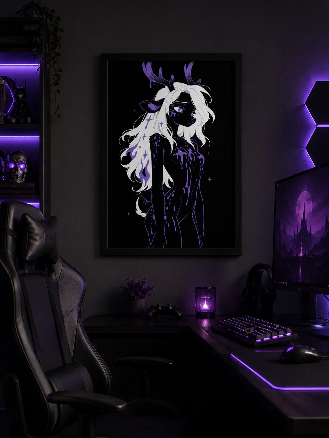Poster dark fantasy Améthia, biche anthropomorphe noire, pupille en forme d'étoile, torse recouvert de poison violet