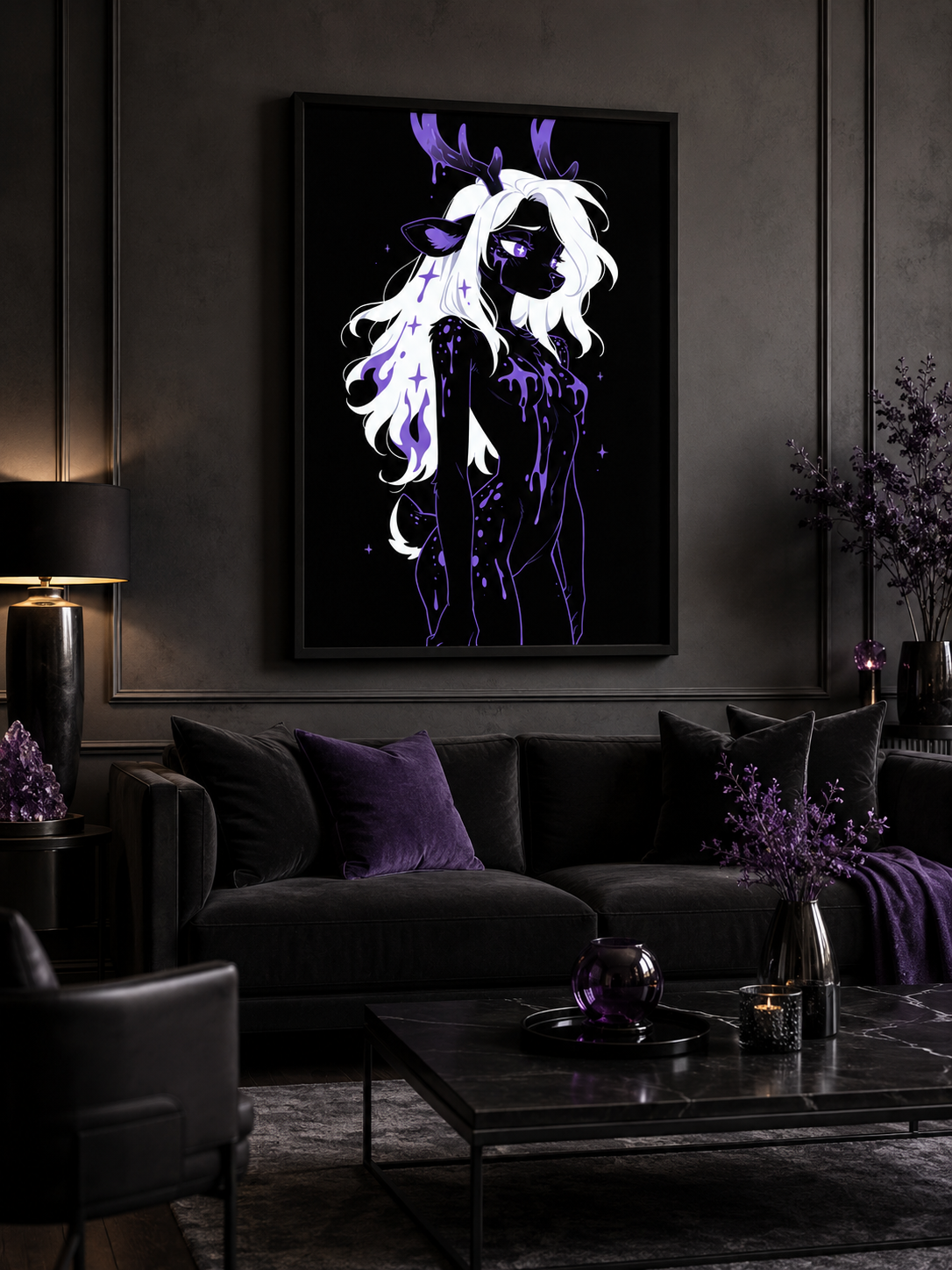 Poster dark fantasy Améthia, biche anthropomorphe noire, pupille en forme d'étoile, torse recouvert de poison violet