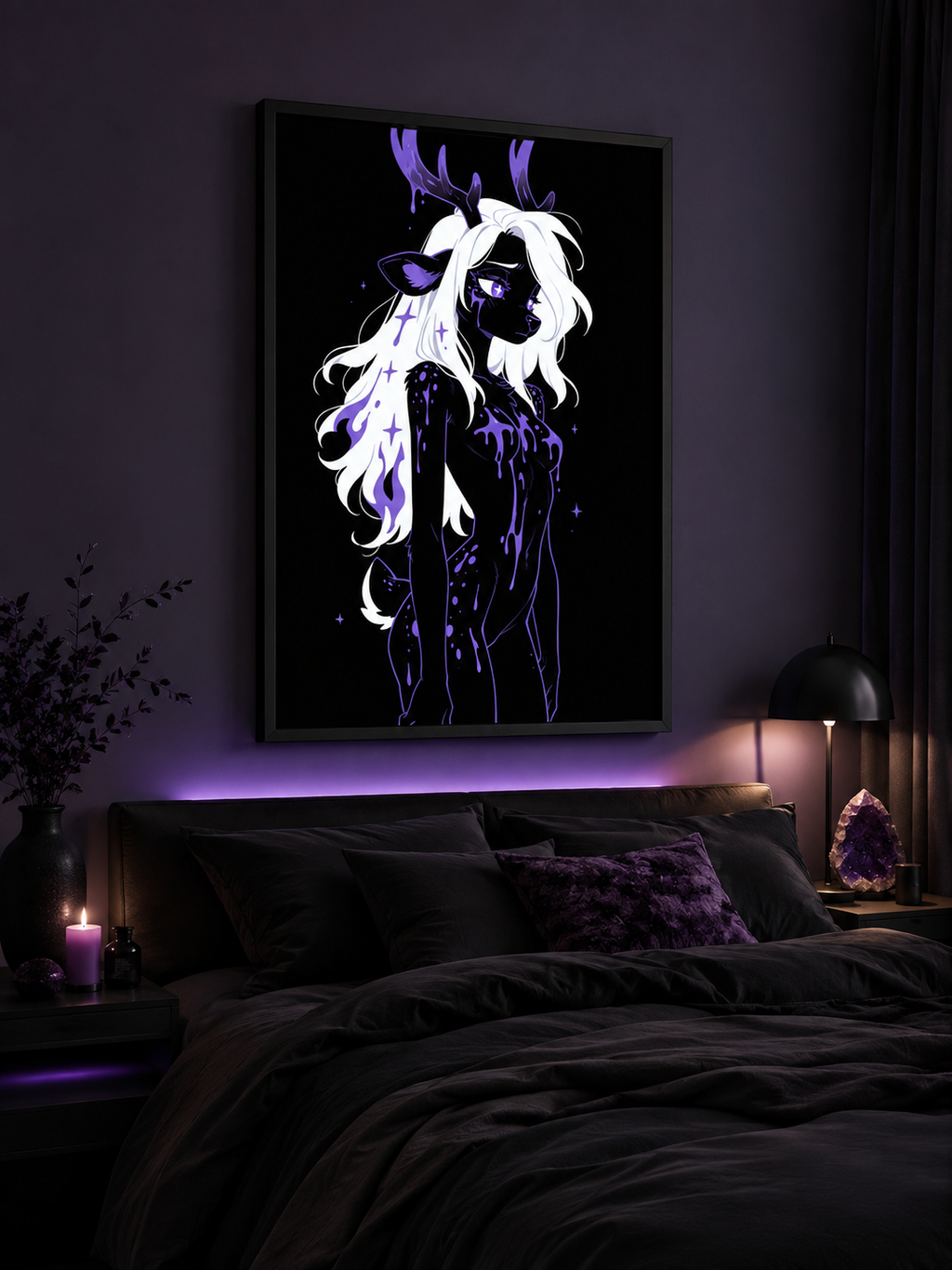 Poster dark fantasy Améthia, biche anthropomorphe noire, pupille en forme d'étoile, torse recouvert de poison violet